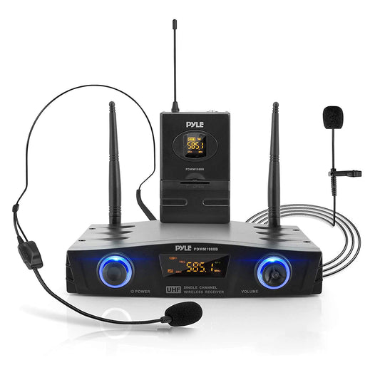PYLE Compact UHF Wireless Microphone System - Pro Portable 1 Channel Desktop Digital Mic Receiver Set w/ Belt-Pack Transmitter, Receiver, Headset and Lavalier Mics, XLR, For Home, PA PDWM1988B,Black