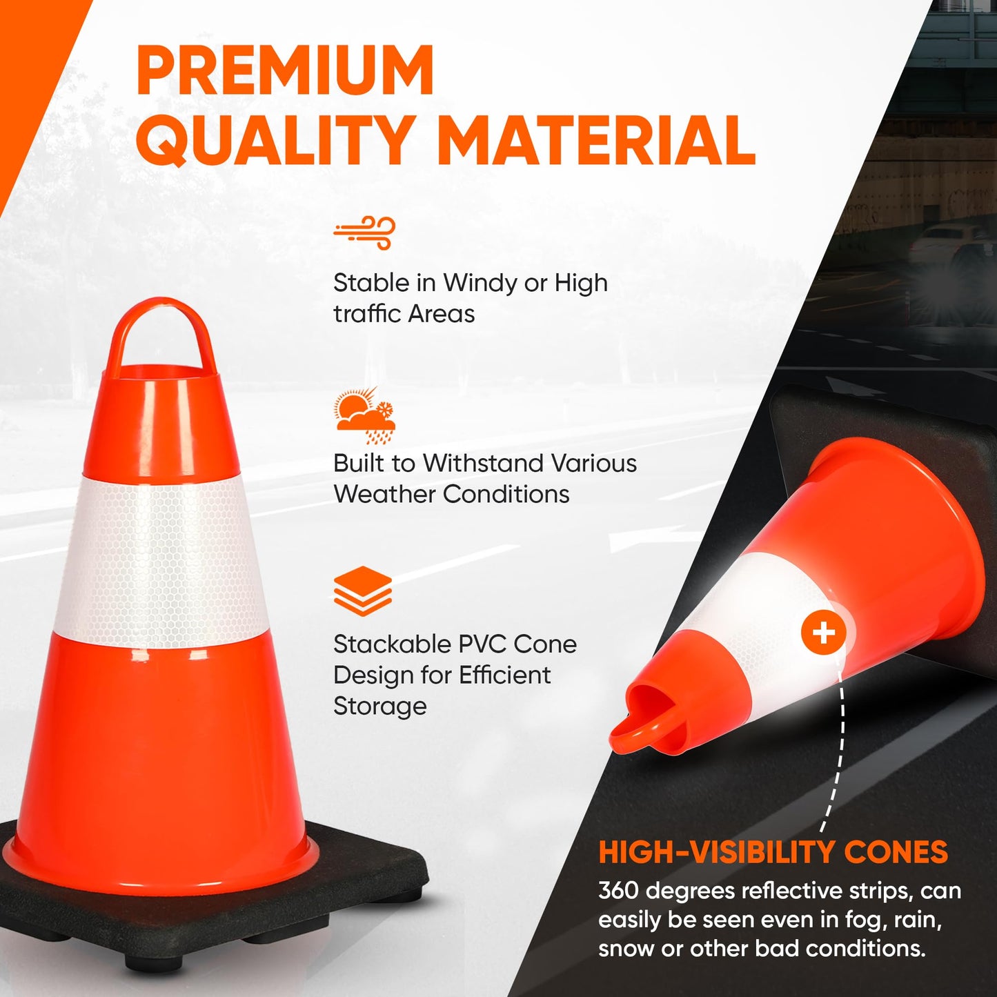 Pyle 12" PVC Traffic Cones, 6-Pack Safety Cones for Parking, Construction, Roadwork, & Sports Training, High-Visibility Orange, Durable, Stackable Design, Heavy-Duty Base for Stability in All Weather