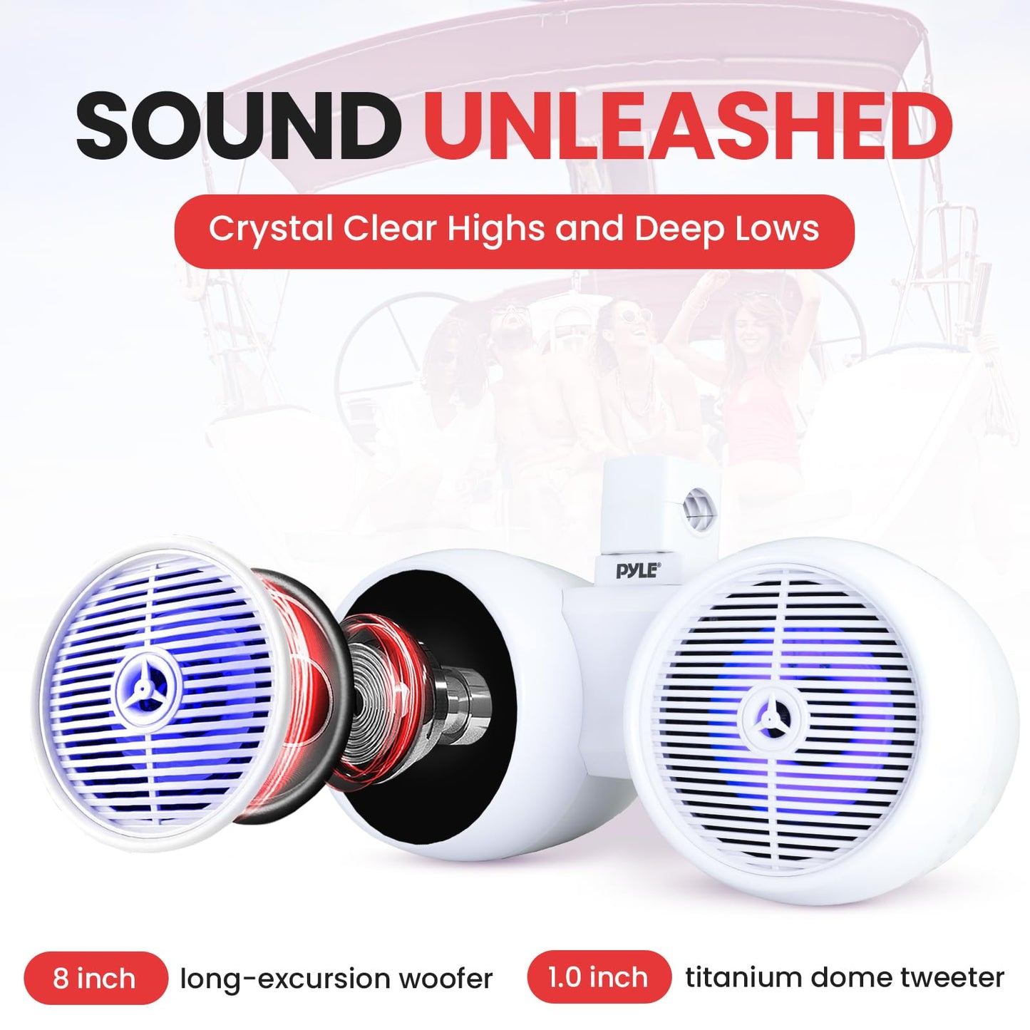 Pyle Dual Waterproof Off-Road Speakers - 8" 300W 2-Way Marine Wakeboard Tower Sound System w/LED Light, Full Range Outdoor Stereo Speaker for Car, ATV, UTV, Jeep, Boat, Includes Brackets (White)