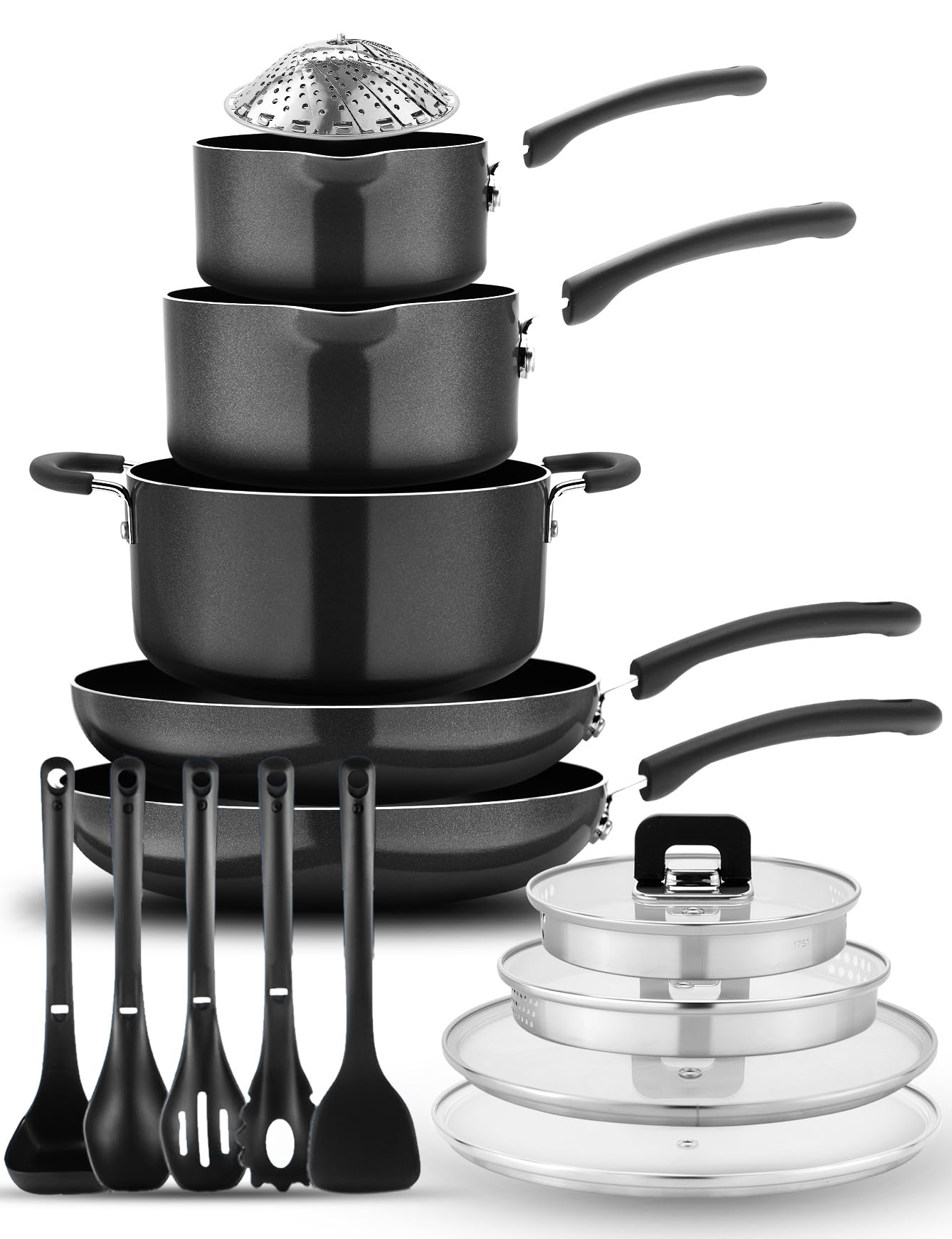 NutriChef 17-Piece Non-Stick Pans & Pots Set – Space-Saving, Induction-Compatible, Foldable Knob, Black Cookware with Heat-Resistant Utensils for Kitchen & RV