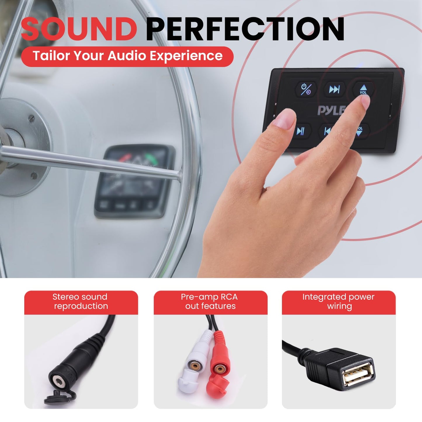 Pyle Wireless BT Audio Controller Kit, Marine Bluetooth Receiver & Adapter with Remote Control, Compact Microphone for Onboard Audio Entertainment, AUX/USB Input, Water-Resistant, 3.81”x2.20”x1.97”