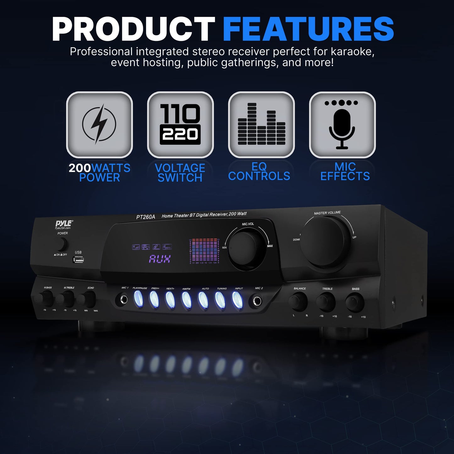 Pyle 200W Home Audio Power Amplifier - Stereo Receiver with AM/FM Tuner - 2 Mic Inputs with Echo - Digital Display - EQ Controls - Remote Control - Ideal for Karaoke & Home Entertainment - PT260A
