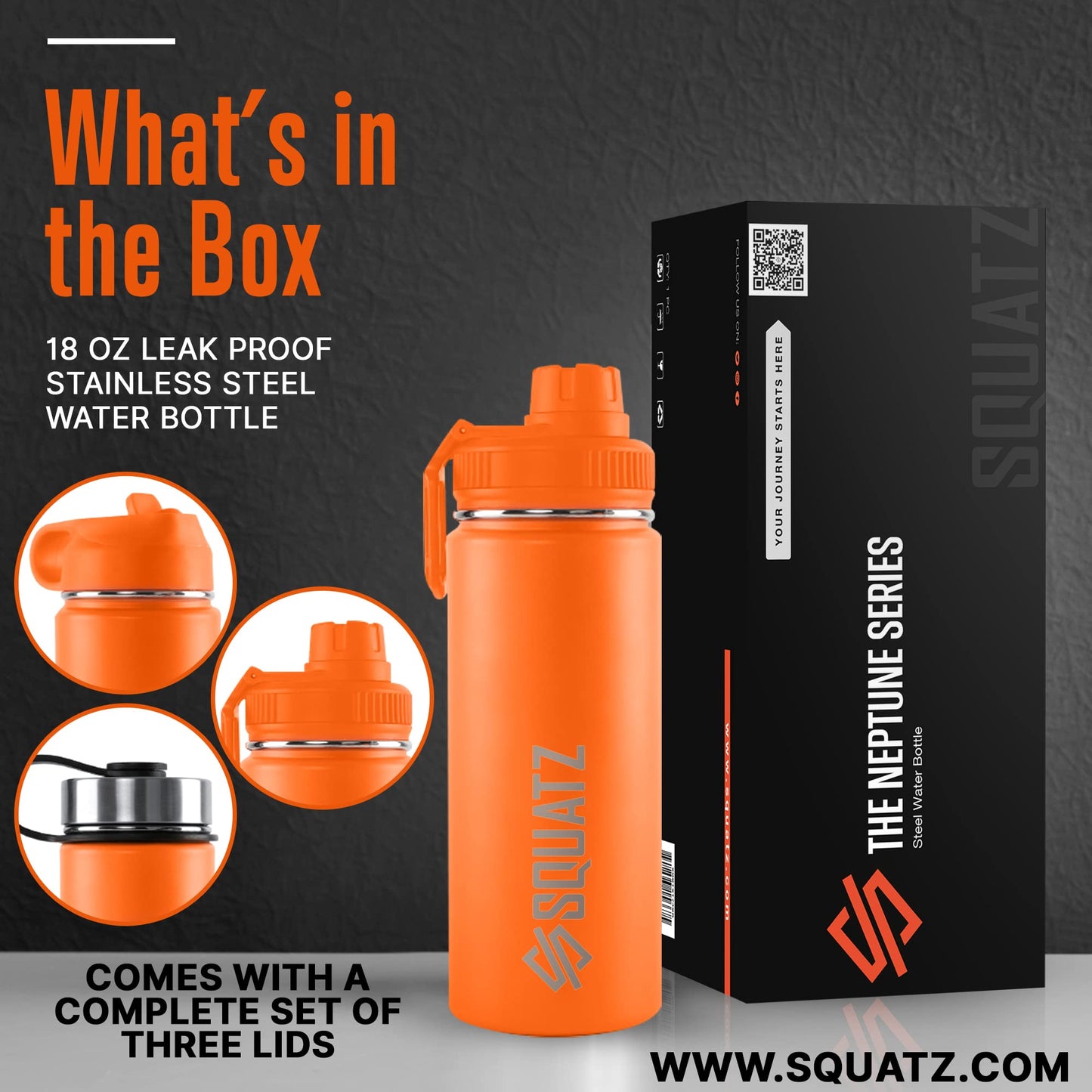 SQUATZ 18 Oz Neptune Series Steel Water Bottle, Stainless Double Wall Vacuum Insulated Flask with Handle Strap, Durable and Elegant Leak Proof Wide Mouth Thermos for Gym, Travel, Hiking, and Camping