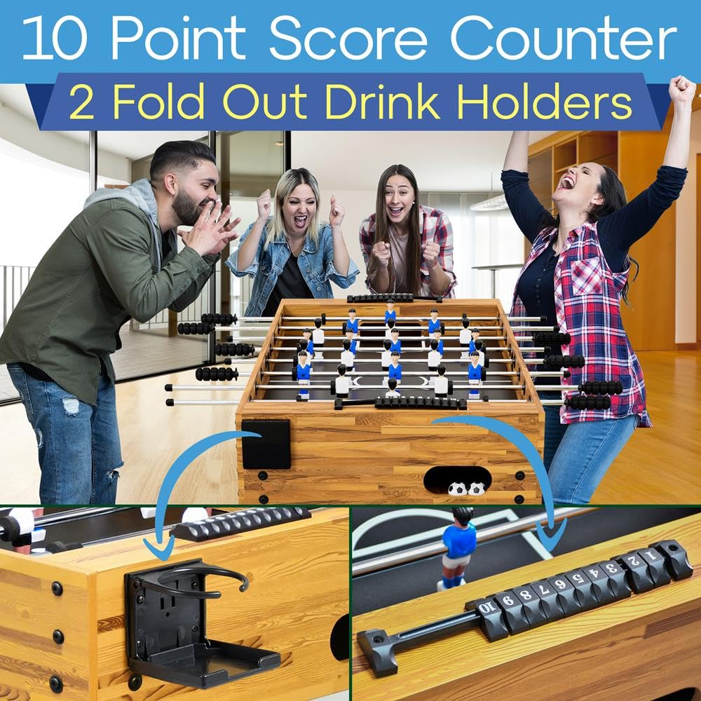 SereneLife 48in Competition Sized Foosball Table - Height Adjustable Arcade Soccer Set for Home, Game Room, Man Cave - Includes 2 Balls & 2 Fold-Out Cup Holders, Natural