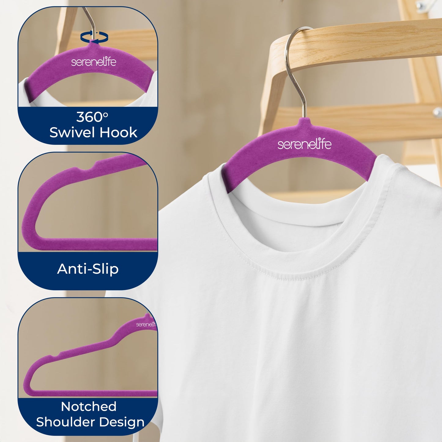 SereneLife 50 Pack Velvet Hangers - Non-Slip, 360° Swivel Hook - Ultra-Thin, Lightweight Velvet Hangers for Shirts, Sweaters, Hoodies, Kids Clothes & Dresses - Space-Saving