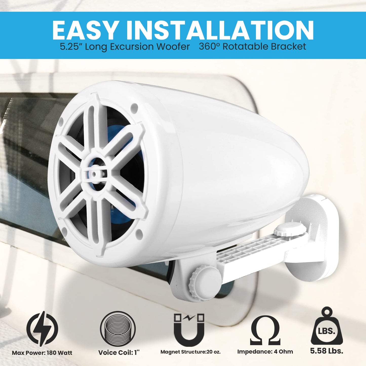 PyleUsa 5.25” Waterproof Off-Road Speakers - 180W 2-Way Marine Woofer Sound System w/ 360° Rotatable Bracket, Full Range Outdoor Audio Stereo for Motorcycle ATV Jeep Boat, Includes Bracket(White)
