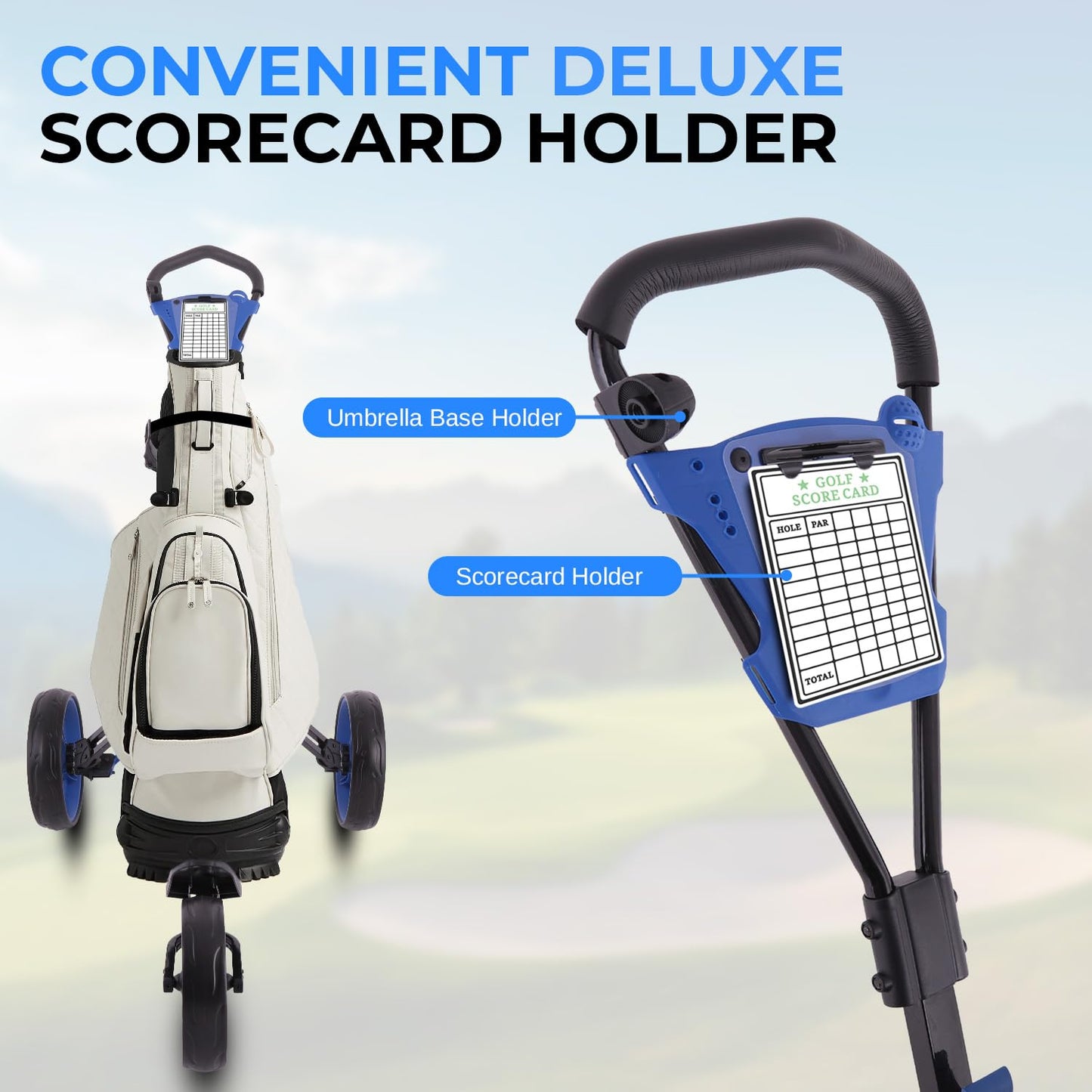 SereneLife 3-Wheel Golf Push Cart – Foldable Steel Frame Trolley w/ Deluxe Scorecard Holder, Adjustable Handle, Quick Brake, Bag Strap, Lightweight Compact Caddy – SLGZX9