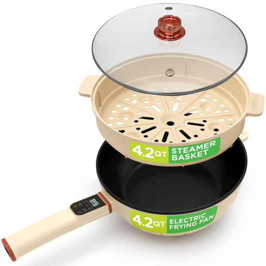 Nutrichef 4L Electric Frying Pan & 4L Steamer | Multifunctional Portable 1000W Non-Stick Pot for Cooking | Durable Heat Safe Handle | Touch Control Panel | Electric Hot Pot | White