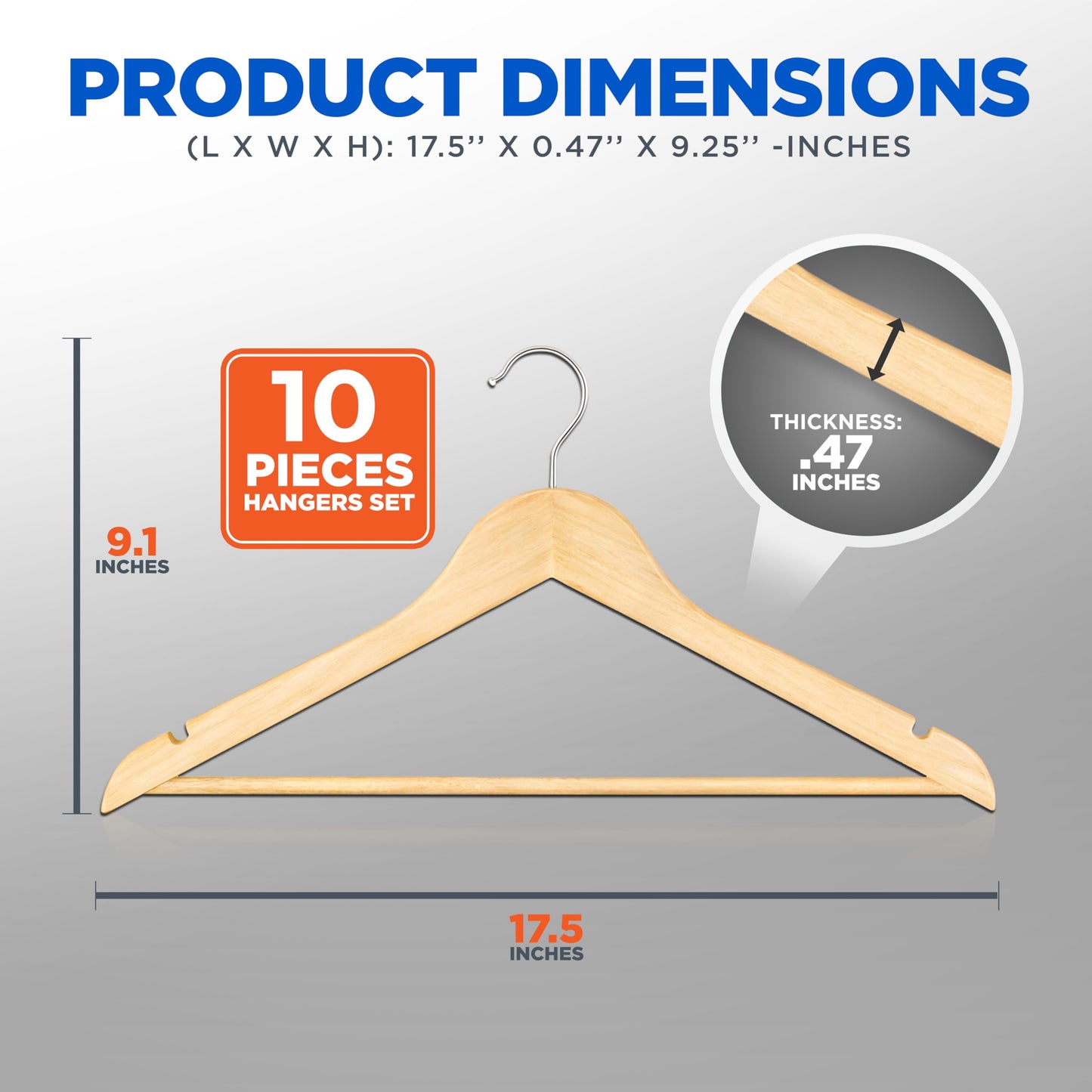SereneLife 10-Pack Wooden Coat Hangers – Durable Suit Hangers with 360° Swivel Hook & Notches – Slim Design for Sweater, Shirts, Jackets, Dresses, and More