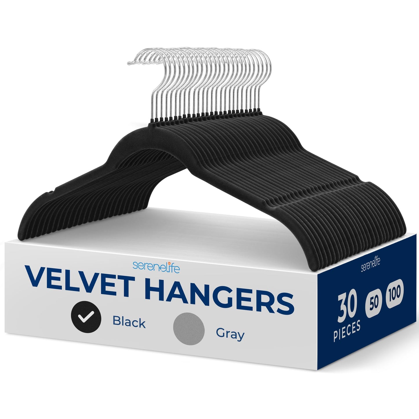 SereneLife 30 Pack Shirt Hangers, Heavy Duty Non-Slip Velvet Hangers with 360° Swivel Hooks, Slim Space-Saving Design for Tops, Jackets, Blouses, & Strappy Dresses (Black)
