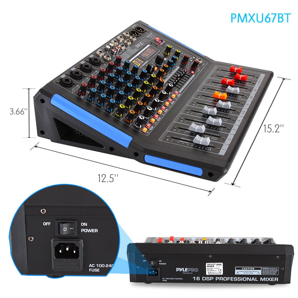 Pyle 6-Channel Bluetooth Studio Audio Mixer - DJ Controller w/ USB Drive - XLR Mic Input - +48V Phantom Power - 16 DSP Effects - MP3/WAV Playback - For Professional & Beginner Use - PMXU67BT