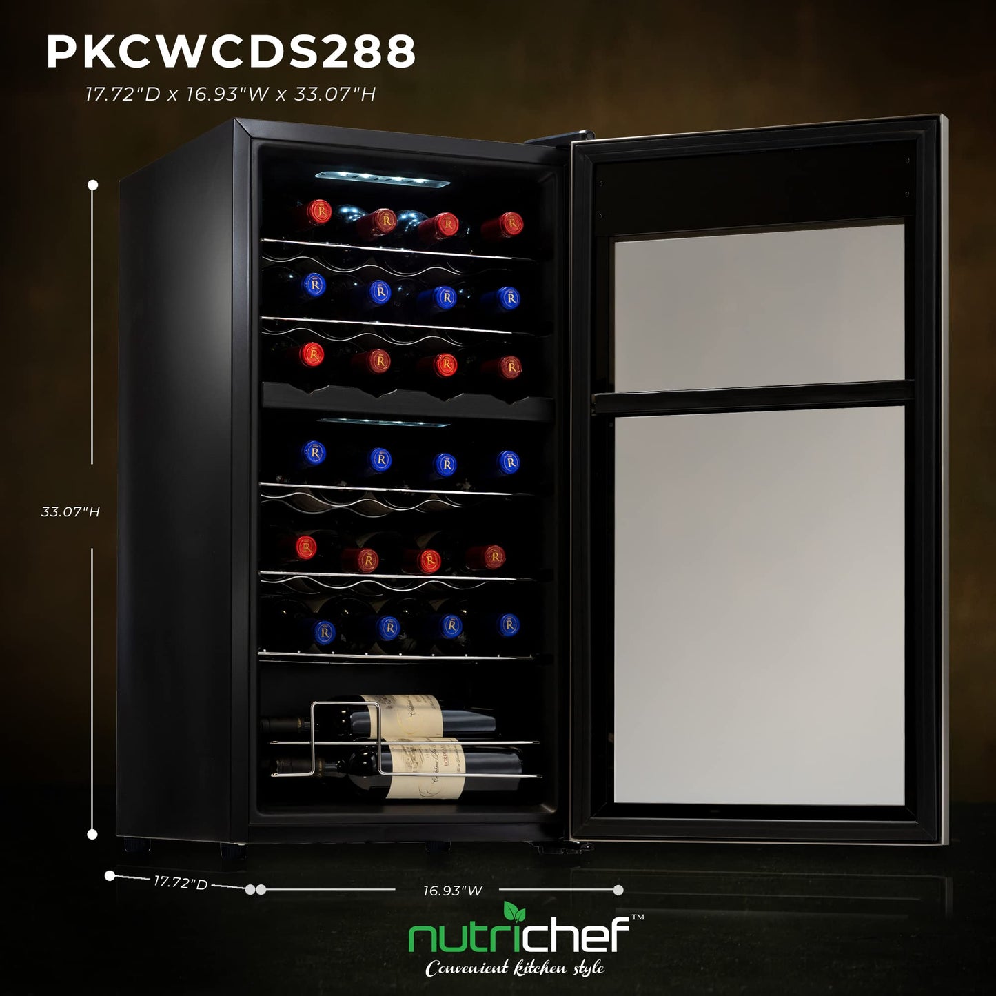 NutriChef 28 Bottle Wine Fridge | Dual Zone Wine Chiller | Adjustable Temperature 41°F to 64°F | Ultra Quiet Operation | Wine Cooler For Home, & Office | Free Standing 33x16x17 IN (Black)
