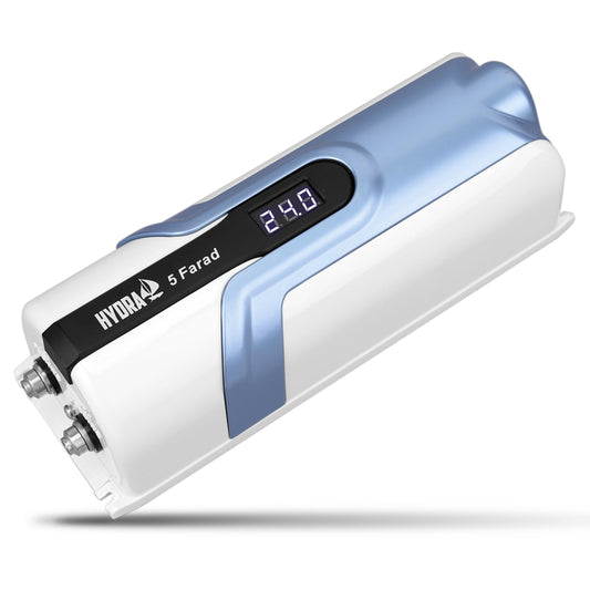 Pyle 5.0 Farad Digital Power Capacitor, High-Performance Car Audio Accessory with Blue Digital Display Voltage Readout and LED Flash, Over Voltage Protection, Mounting Hardware, DC 12-24V