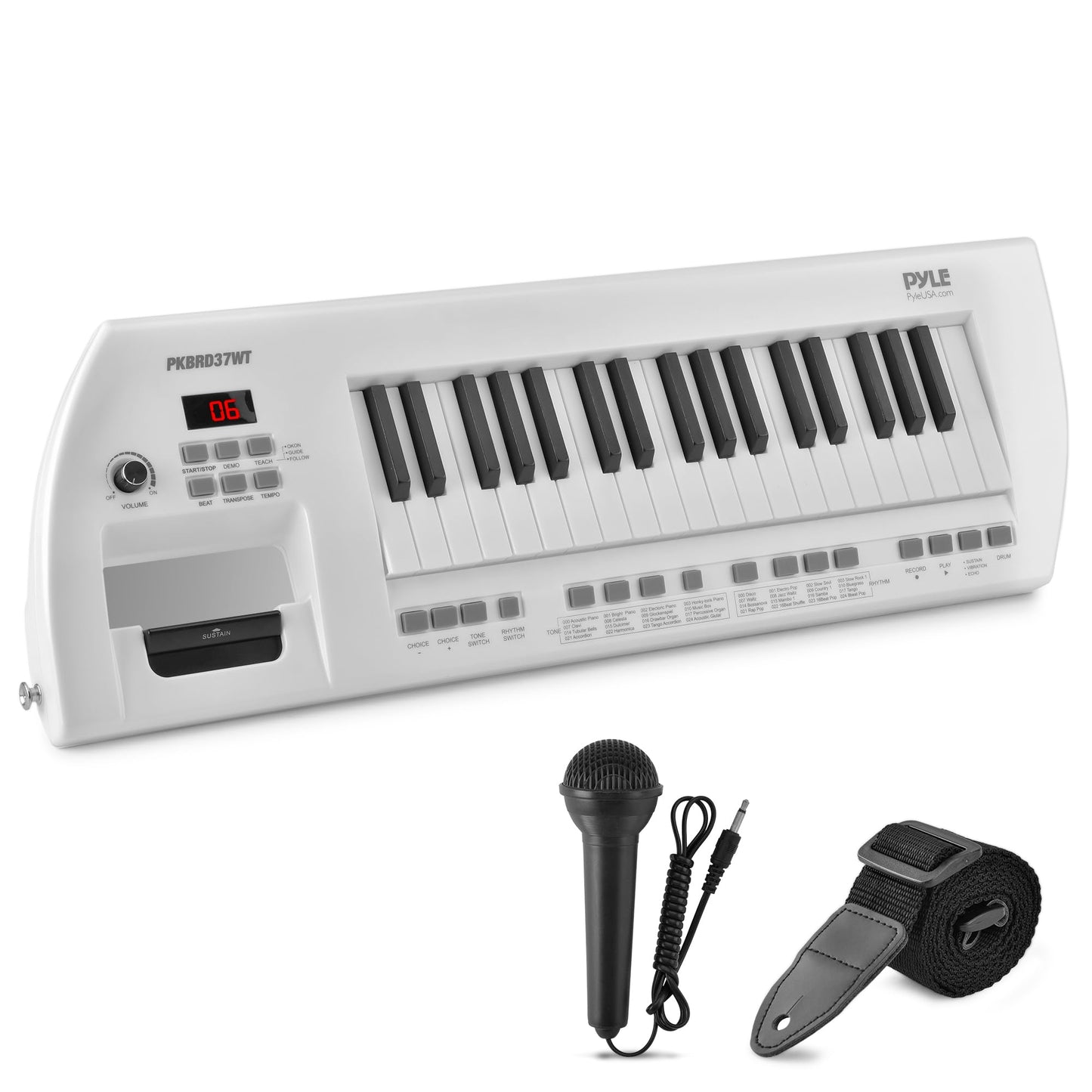 Pyle Electric Piano, 37-Key Music Keyboard, Built-in Stereo Speakers, Rechargeable Battery, Wired Microphone, Portable Design, Tones, 200 Rhythms (PKBRD37WT)