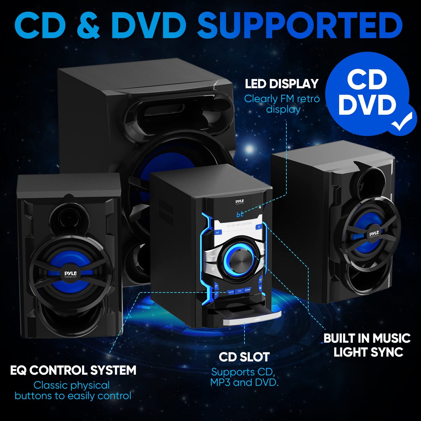 Pyle 3-Piece Wireless Bluetooth Stereo System - 1000 Watt DVD Shelf System for Home with DVD Player, MP3, USB, FM Radio, Bass Reflex Speaker, and Remote Control, Compact & Portable