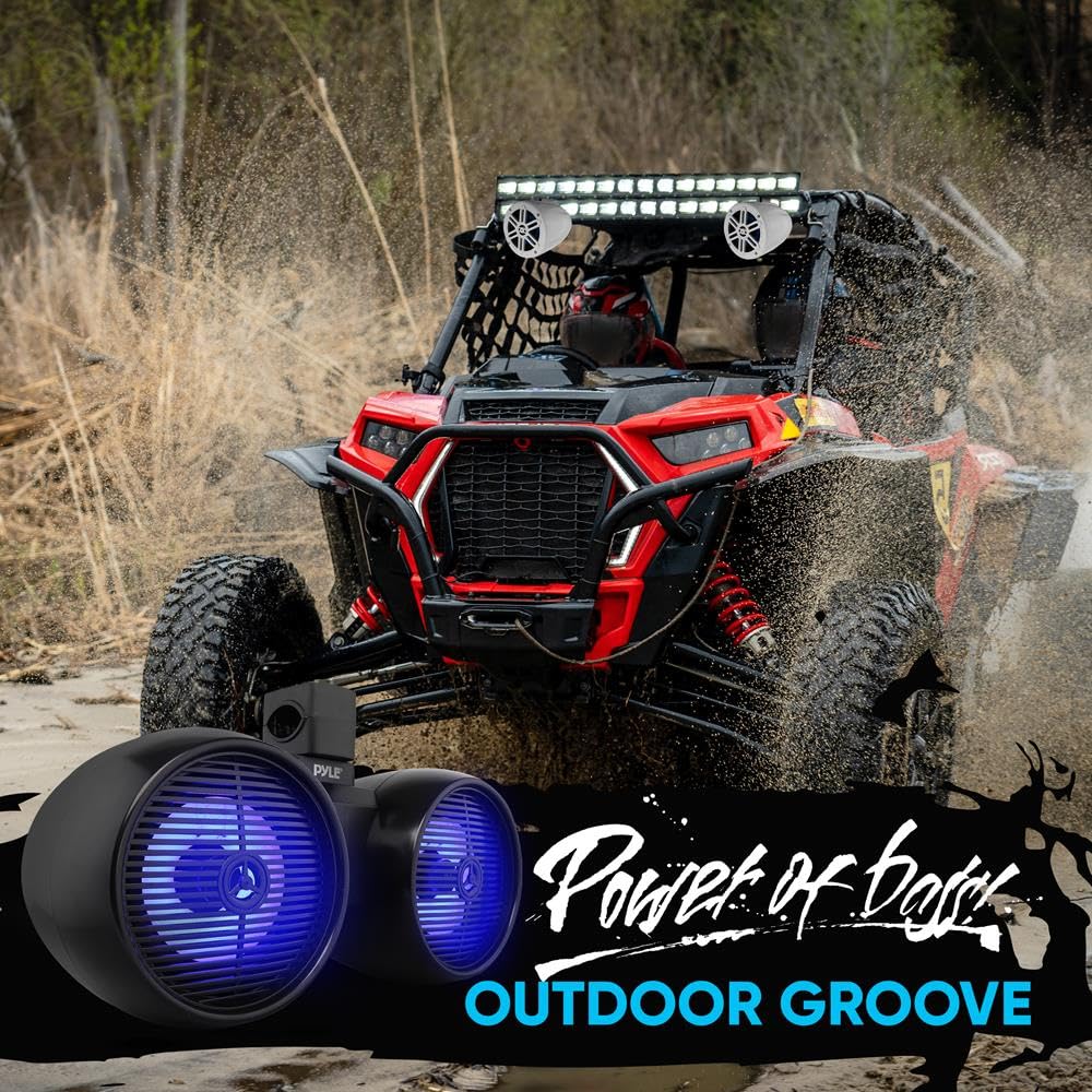 Pyle Marine Speakers, Boat Speakers, Marine Speaker, 8" 300W Dual Waterproof Off-Road Sound System, LED Lights, IP-44 Rated, 4 Ohm, Includes Mounting Brackets, Heavy Duty ABS Construction