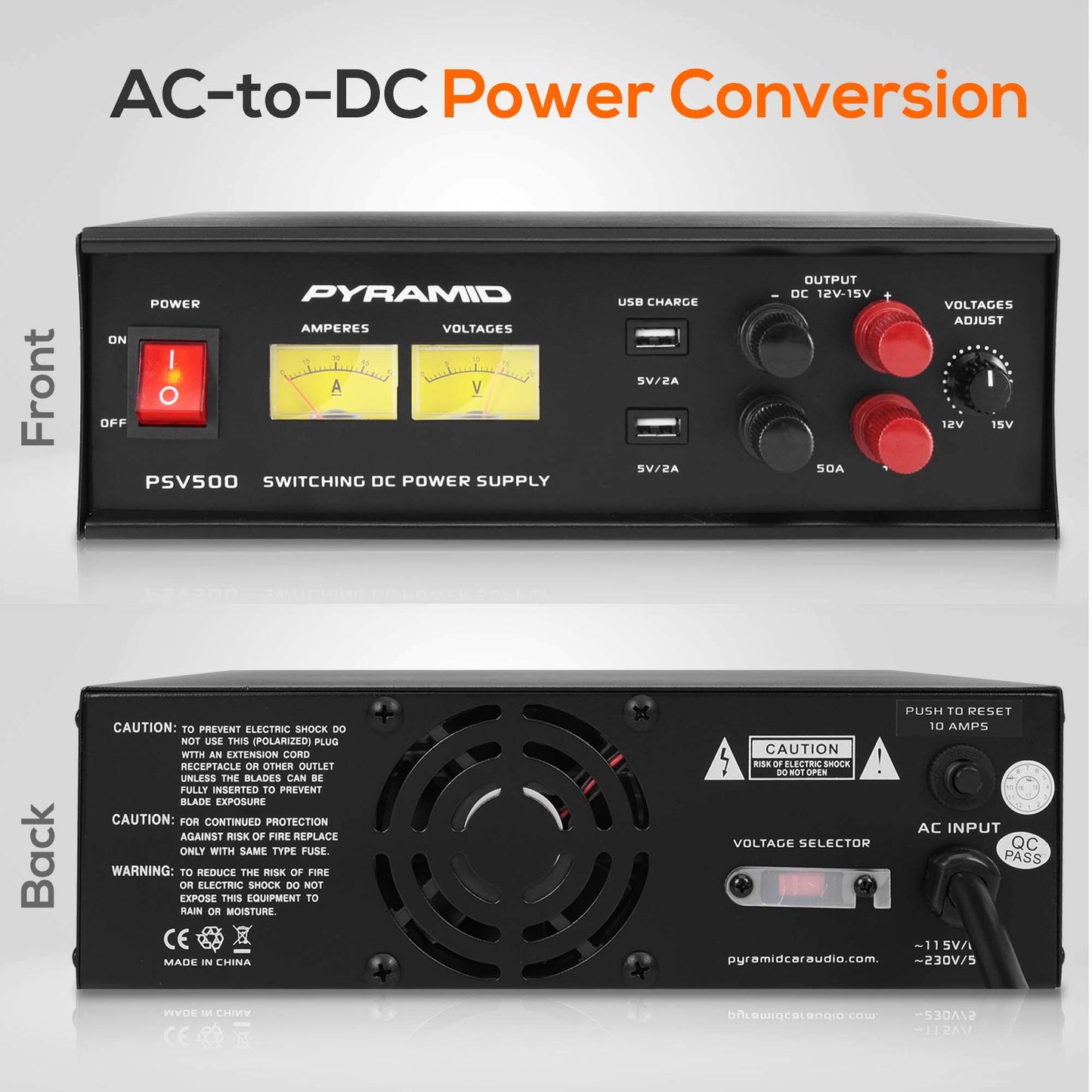 Pyramid PSV500 Universal Compact 50 Amp Adjustable 12 to 15 Volts Output Home Bench Power Converter Supply, with 2 USB Ports and Overload Protection