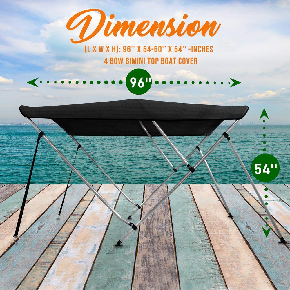 SereneLife 4 Bow Bimini Top Boat Cover – 96" L x 85-90" W x 54" H, Durable 1" Aluminum Frame, Waterproof & UV-Resistant, Easy Install with Front Straps, Rear Support Arms & Free Storage Boot (Gray)