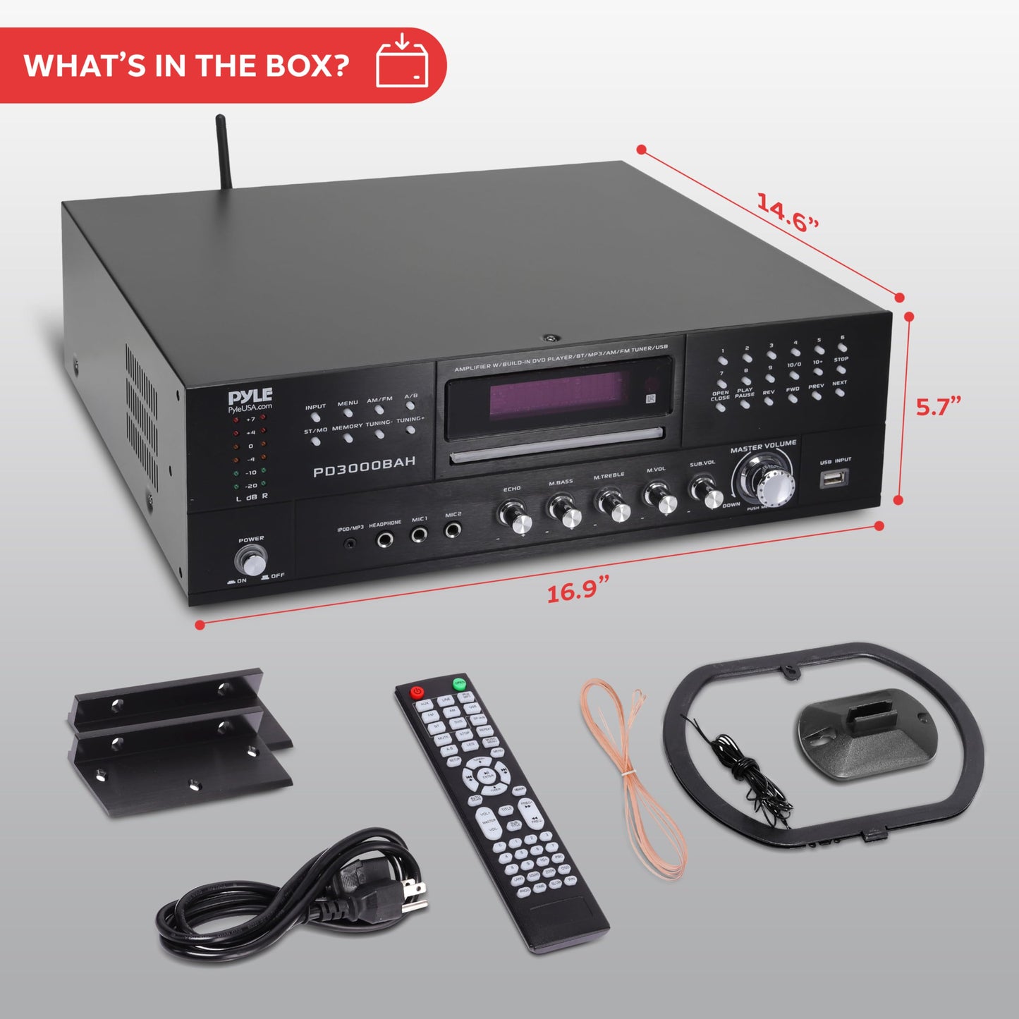 Pyle 4000W 4-Channel Wireless Bluetooth Amplifier - Stereo Home Audio Receiver with FM Radio - HDMI - USB - 2 Mic Inputs w/Echo - Front CD/DVD Player - Subwoofer Output - Rack Mount - PD3000BAH