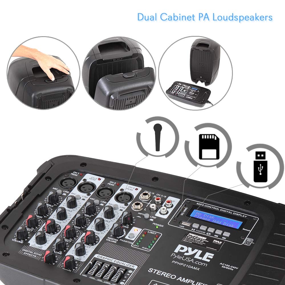 Pyle PA Speaker DJ Mixer Bundle - Portable Wireless Bluetooth Sound System w/ USB SD XLR 1/4" RCA Inputs, LED Lights - Dual Speaker, Mixer, Microphone, Stand, Cable - Home/Outdoor PPHP210AMX,Black