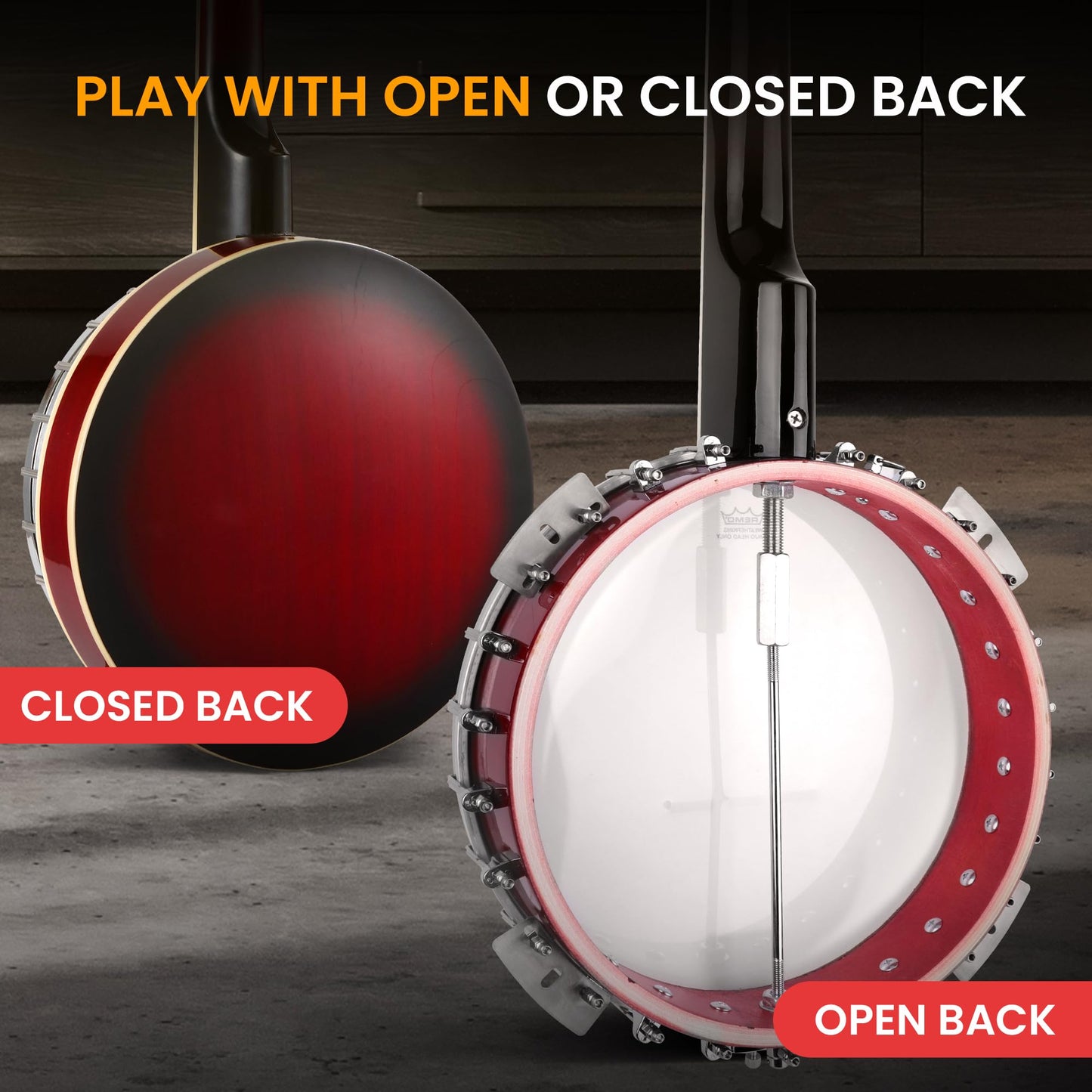 Pyle Banjo Kit with Remo Head and Sapele Resonator, 39" Full Size Traditional Open or Closed Back 5 String Instrument with 24 Brackets, Geared 5th Tuner, Premium Accessory Kit (Red Burst)