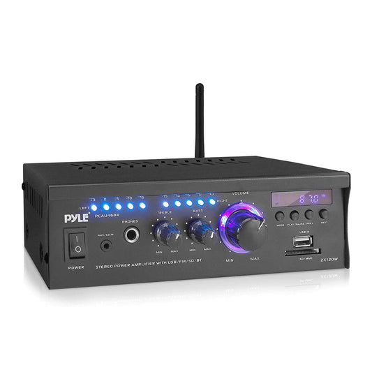 Wireless Bluetooth Home Stereo Amplifier - 2x120 Watt Power Amplifier Home Audio Bluetooth Receiver System w/Blue LED Display, AM/FM Radio, USB/SD, AUX, RCA, Headphone Jack - Remote - PCAU46BA
