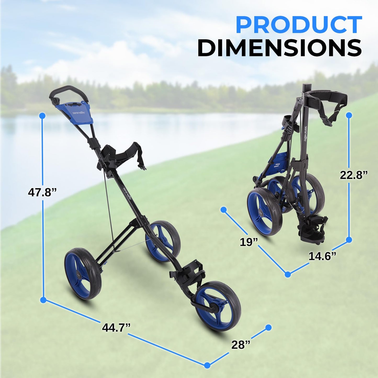 SereneLife 3-Wheel Golf Push Cart – Foldable Steel Frame Trolley w/ Deluxe Scorecard Holder, Adjustable Handle, Quick Brake, Bag Strap, Lightweight Compact Caddy – SLGZX9