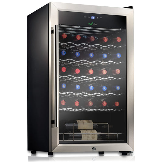 Nutrichef 34 Bottle Wine Fridge | Single Zone Wine Chiller for Chilled Wines | Adjustable Temperature 41F - 64 F | Ultra Quiet Operation | Wine Cooler for Home & Office | 33x19x17 IN | Stainless Steel