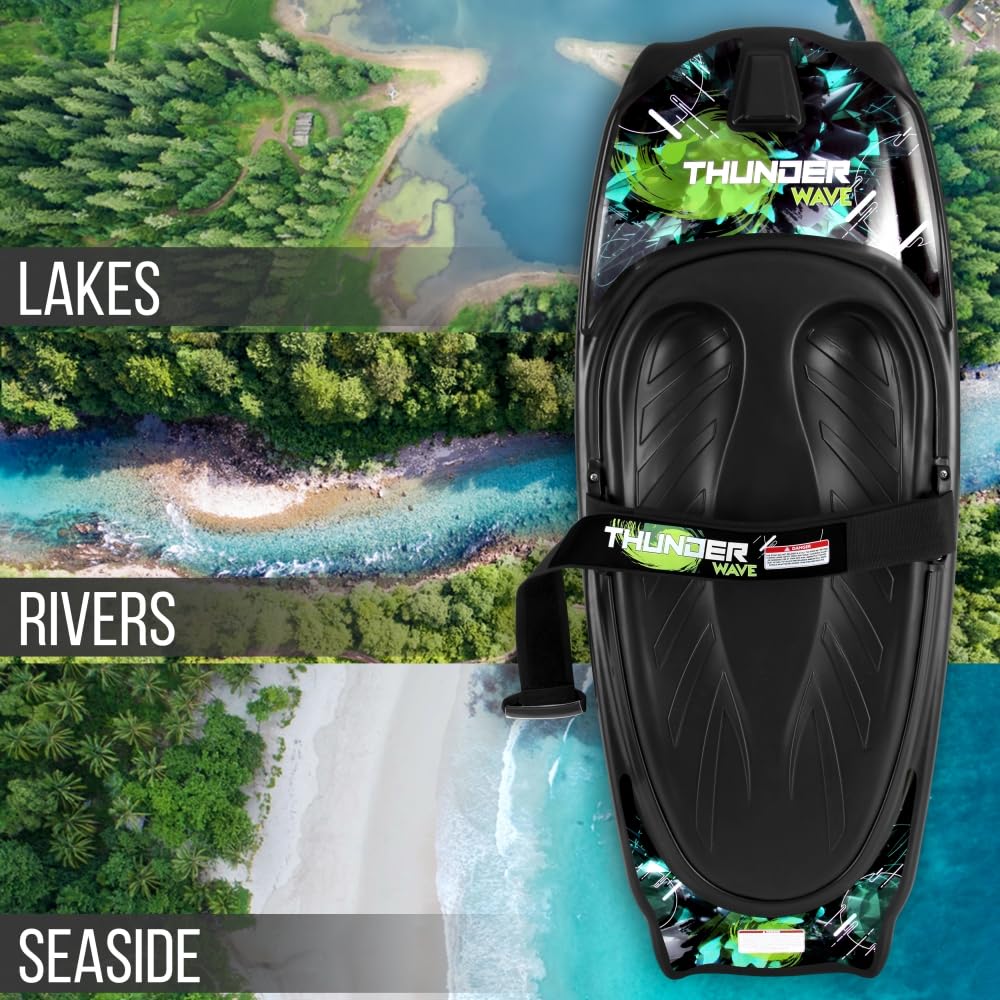 SereneLife Water Sport Kneeboard with Hook for Kids & Adults, Kneeboard with Strap for Boating, Waterboarding, Kneeling Boogie Boarding, Knee Surfing, Black/Green, 50.0’’ x 20.0’’ x 4.5’’