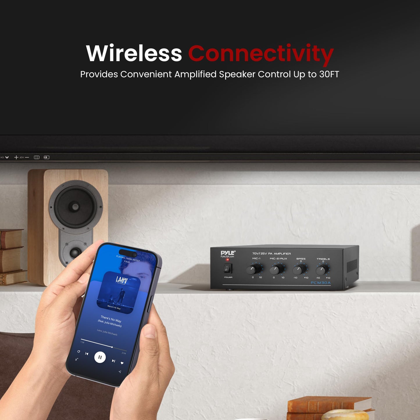 Pyle 60W Compact Mini Home Power Amplifier - Bluetooth 5.0 Stereo Receiver with RCA - 2 Mic Inputs - 25/70V Outputs - LED Indicator - Tone Control - Input Selector - For PA and Speaker System - PCM30A