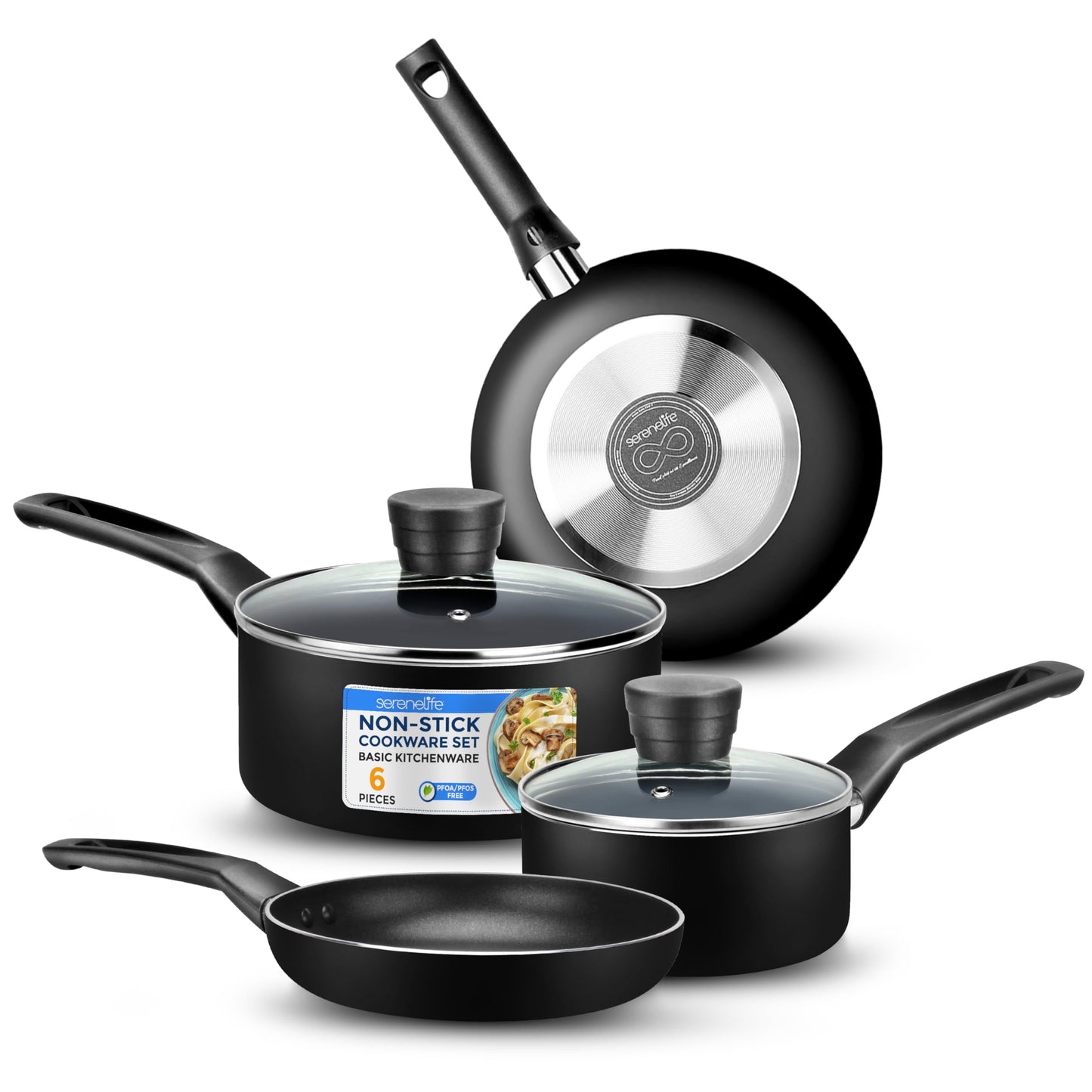 SereneLife 6-Piece Pots and Pans Set – Nonstick Cookware, Black Coating, Heat-Resistant, Dishwasher safe, Includes Fry Pans, Saucepans with Lids, Color Black