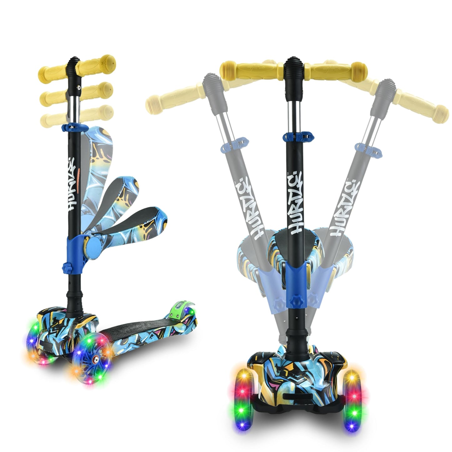Hurtle ScootKid 3 Wheel Toddler Child Mini Ride On Toy Tricycle Scooter with Adjustable Handlebar, Foldable Seat, and Colorful LED Light Up Smooth Rolling Wheels, Graffiti