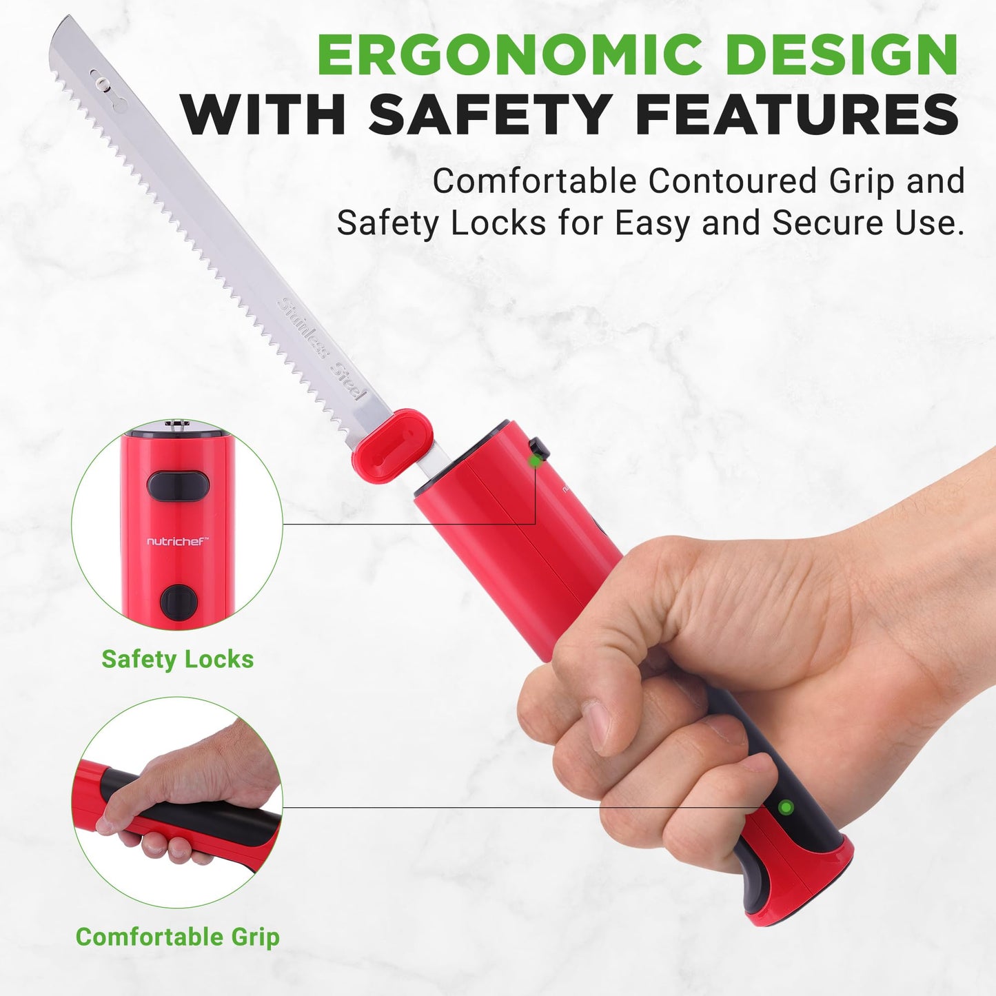 NutriChef Cordless Electric Knife | Easy to Use Constant ON/OFF Safety Function | Lightweight Kitchen Knife | Carve Turkey, Meats, Poultry, Bread & Cheese | 11.42’’ Stainless Steel Blades | Red