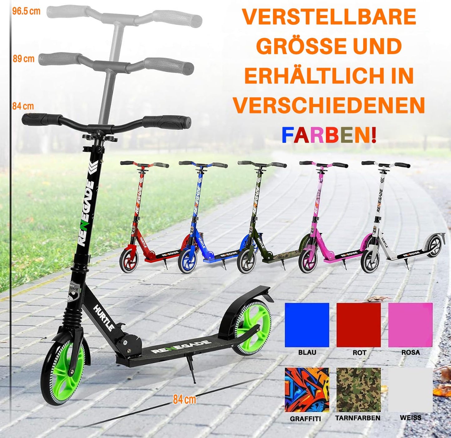 Hurtle Renegade Kick Scooters for Kids Teenagers Adults- 2 Wheel Kids Scooter with Adjustable T-Bar Handlebar - Alloy Anti-Slip Deck - Portable Folding Scooters for Kids with Carrying Strap