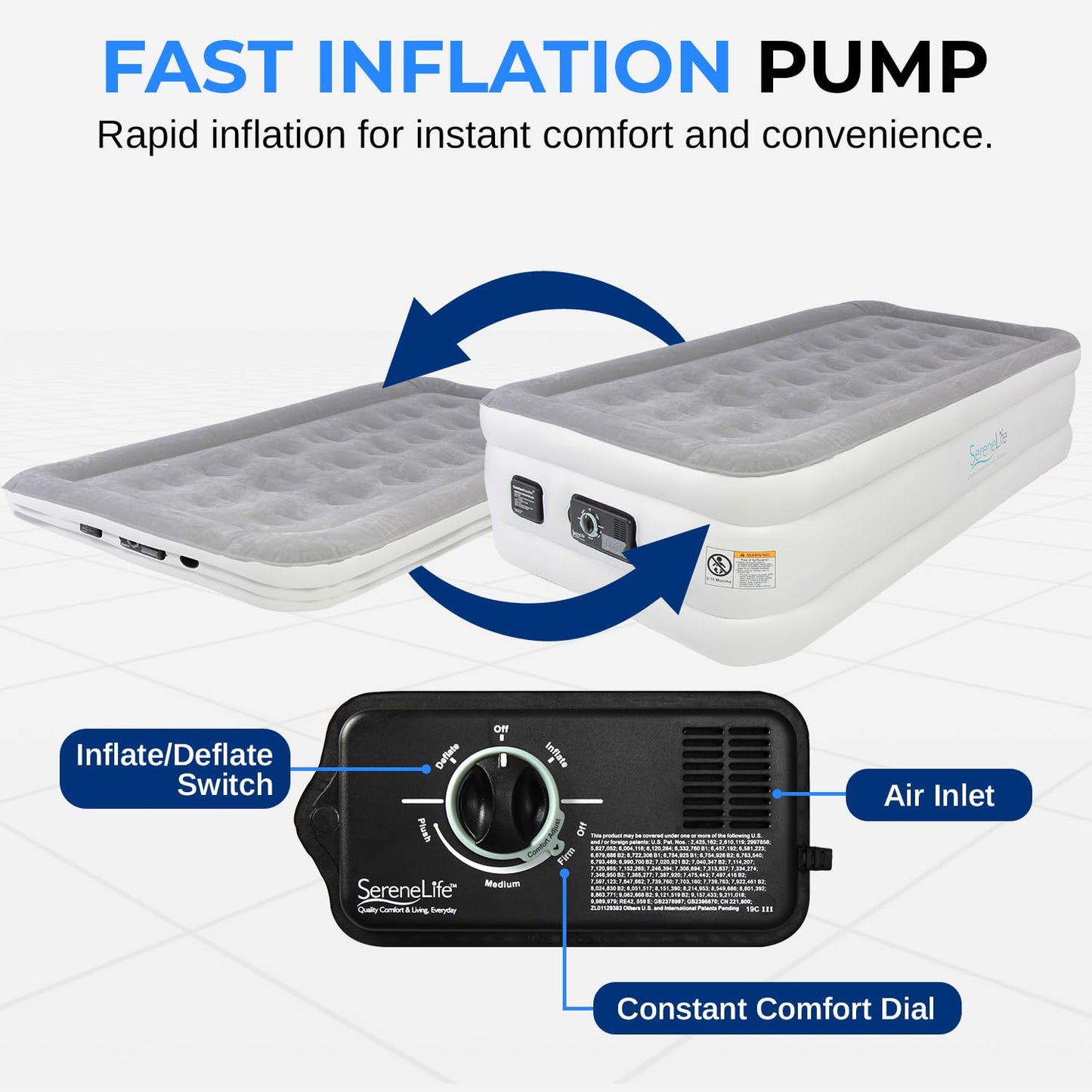 SereneLife Twin Air Mattress with Built in ComfortCoil Technology & Internal High Capacity Pump | Elevated Raised Air Mattress Quilt Top | 1-Year Guarantee, Gray