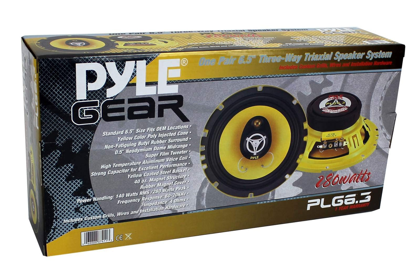 Pyle Car Three Way Speaker System - Pro 6.5 Inch 280 Watt 4 Ohm Mid Tweeter Component Audio Sound Speakers For Car Stereo w/ 40 Oz Magnet, 2.25” Mount Depth Fits Standard OEM - Pyle PLG6.3 (Pair),Yellow/Black