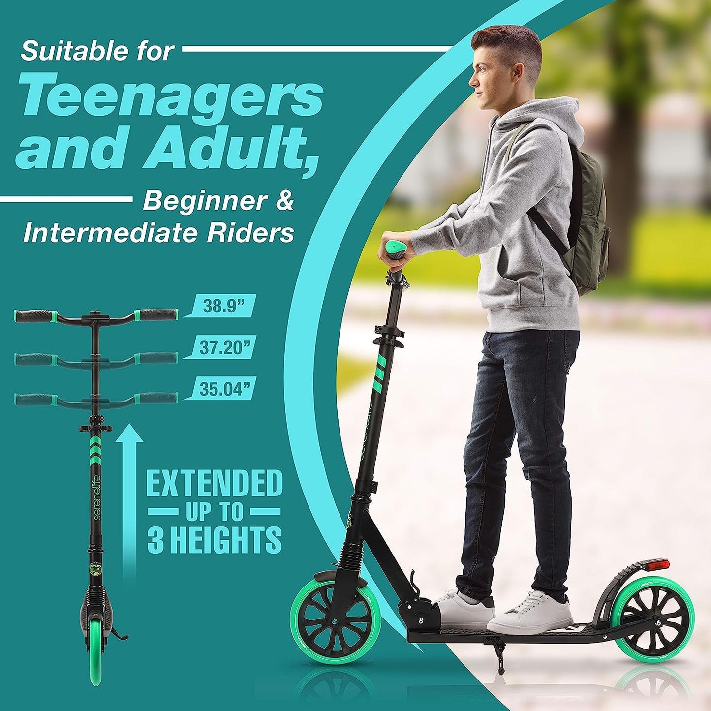 SereneLife Kick Scooter for Adults, Teenagers and Kids - 2 Wheel Scooter With Adjustable T-Bar Handlebar - Alloy Anti-Slip Deck - Portable Folding With Carrying Strap - Aqua
