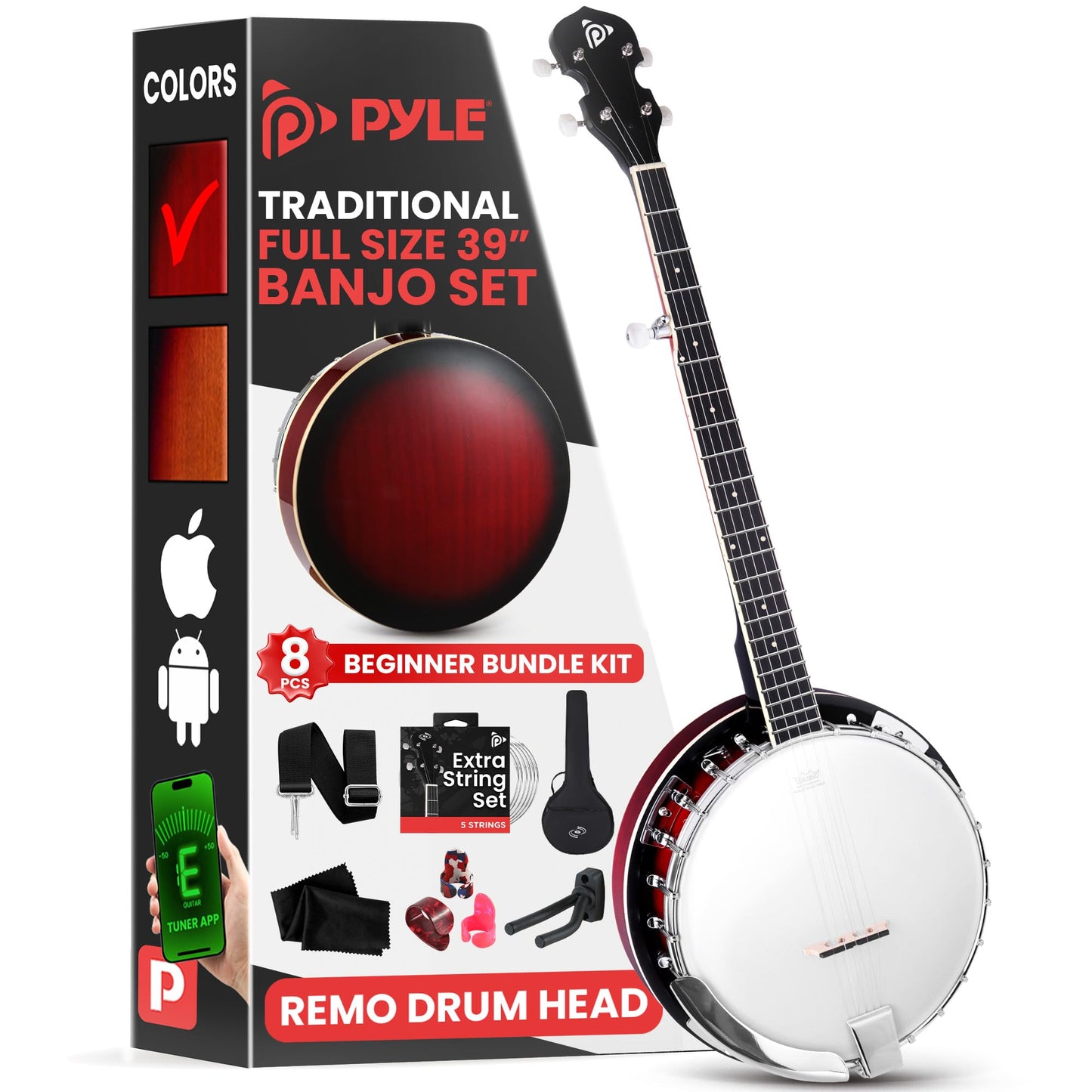 Pyle Banjo Kit with Remo Head and Sapele Resonator, 39" Full Size Traditional Open or Closed Back 5 String Instrument with 24 Brackets, Geared 5th Tuner, Premium Accessory Kit (Red Burst)