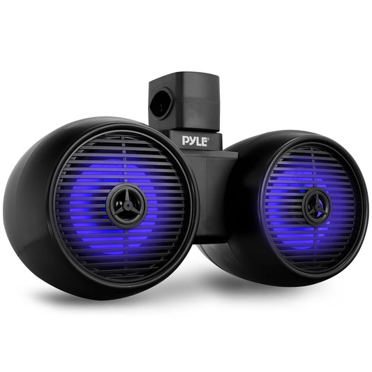Pyle Dual Bluetooth Off-Road Speakers - 6.5” 200W 2-Way Marine Waterproof Wakeboard Tower Sound System w/LED Light, Full Range Outdoor Stereo Speaker for Car ATV Jeep Boat, Includes Brackets (Black)