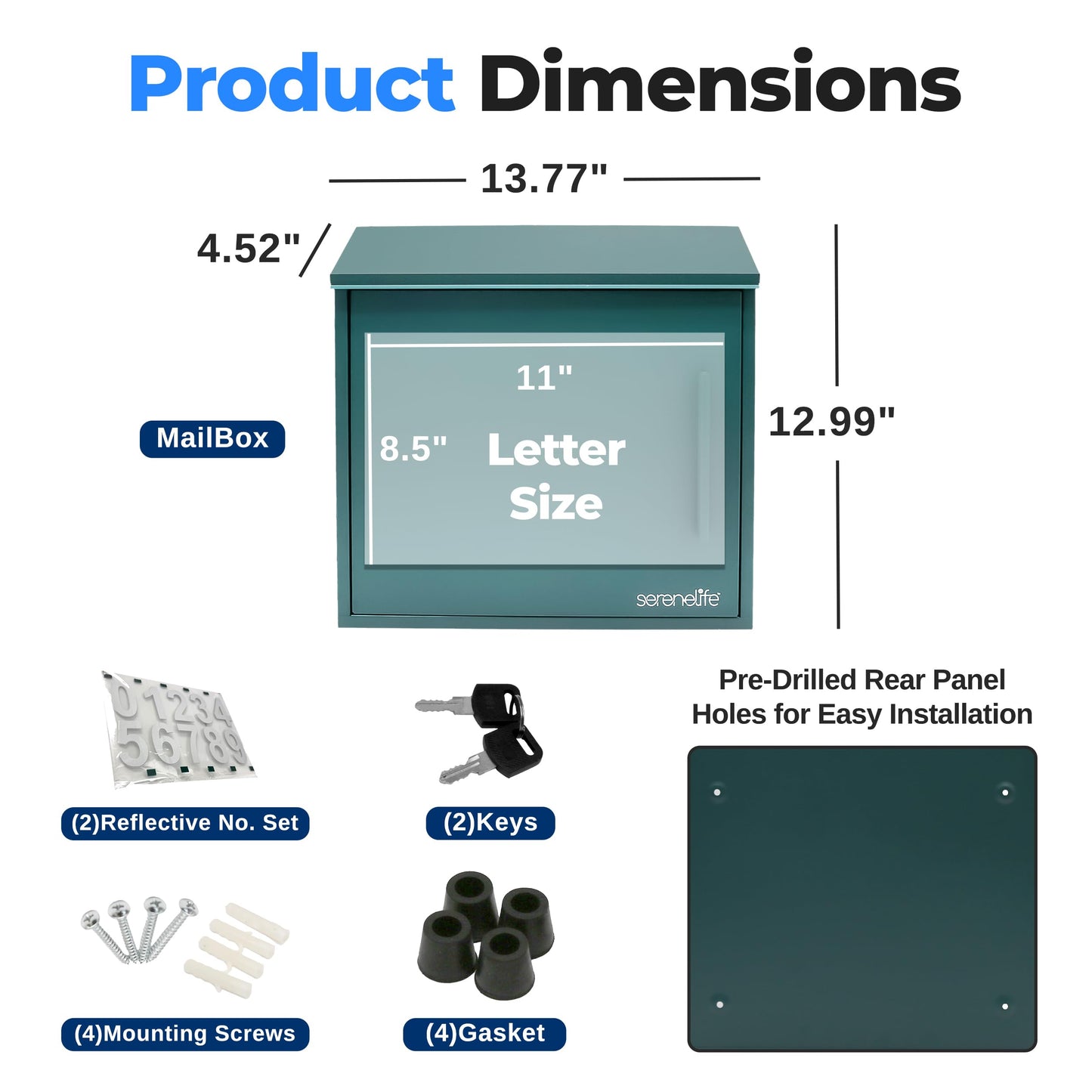 SereneLife Outdoor Wall Mailbox | 0.46 Cubic FT Locking Mailbox | Easy Installation, Secure Lock Mechanism | Ideal for Residential or Commercial Use | Wall Mountable 13.77" x 4.52" x 12.99 | Green