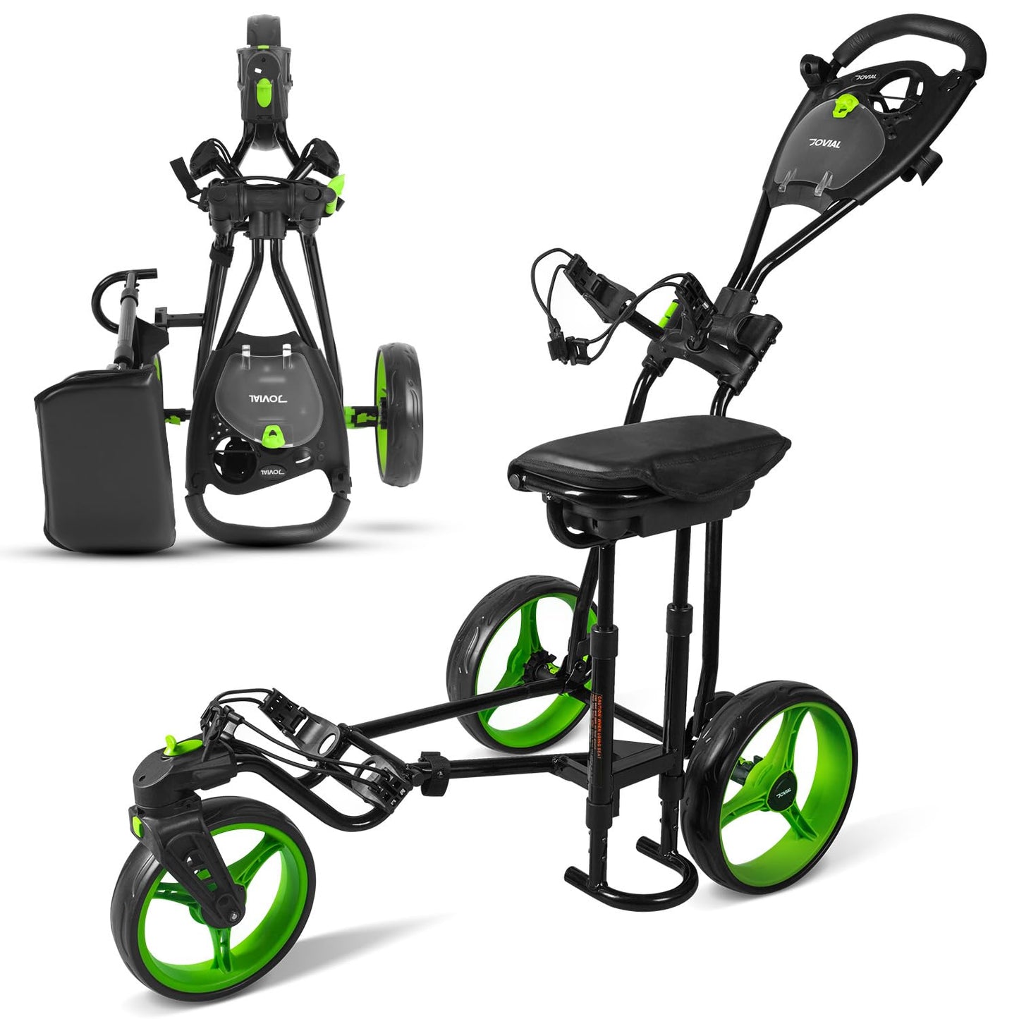 JOVIAL 3 Wheel Golf Push Pull Cart with Built-in Seat for Relaxation - Lightweight, Foldable, Collapsible, Golf Caddy Accessories, Includes Scorecard Holder, Water Bottle/Mobile/Umbrella/Towel Holder