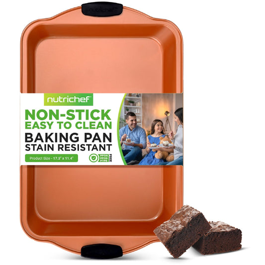 NutriChef 17 Inch x 11 Inch Nonstick Cake Pan, Deluxe Gold Carbon Steel Bakeware W/ Blue Silicone Handles, Ideal for Baking Cakes, Muffins, Loafs, Premium Metal Pan, Compatible with Model NCSBSG36