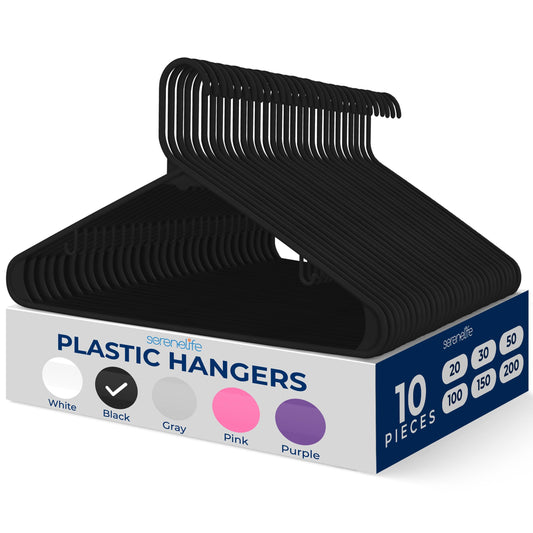 SereneLife 10 Pack Premium Plastic Hangers – Space-Saving, Ultra-Thin & Durable Closet Organizers for Shirts, Sweaters, Hoodies, Dresses & Kids' Clothes – Strong, Lightweight & Non-Slip with Grooves