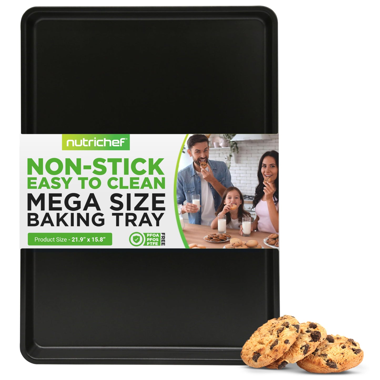 NutriChef Nonstick XL Cookie Sheet Baking Pan - Extra Large 22 Inch x 16 Inch with Raised Edges, Thick Carbon Steel Oven Baking Sheet for Jelly Rolls, Cookies, Cakes, & Pastries - Black