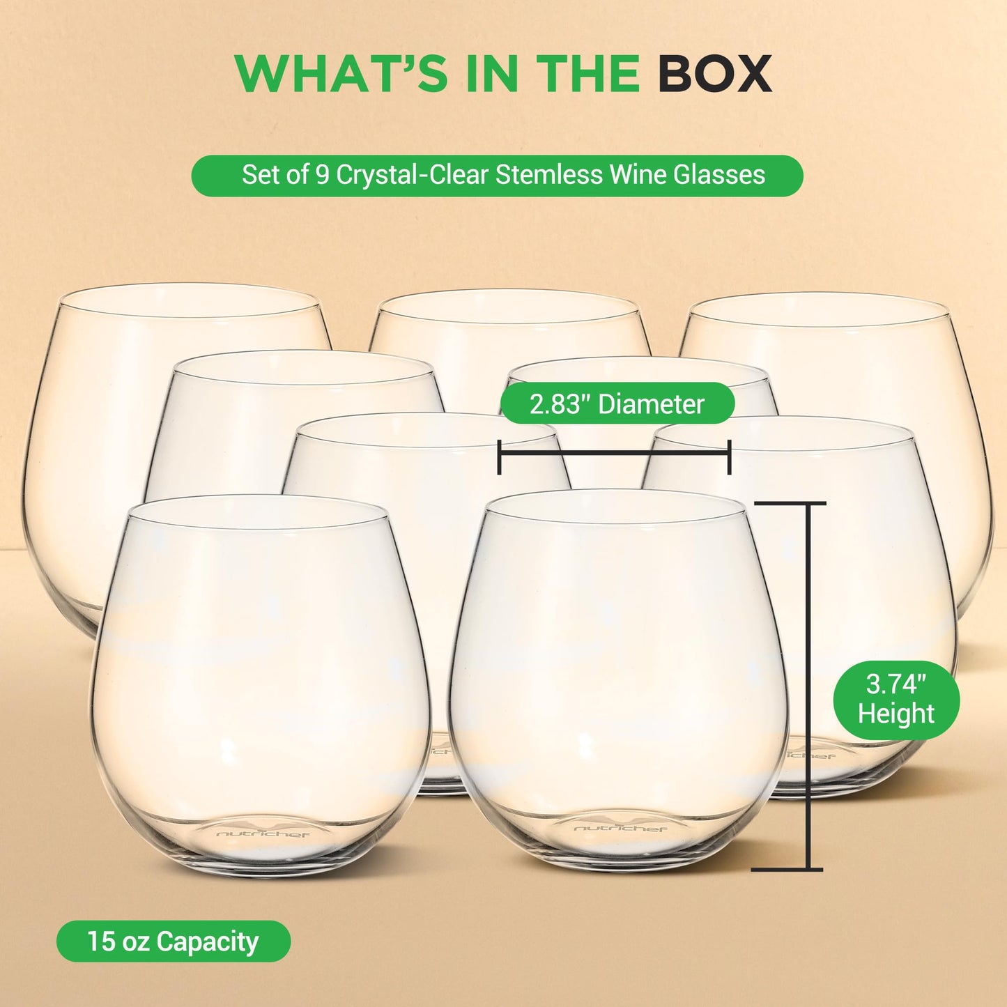 NutriChef 15 Ounce Stemless Wine Glasses (Set of 12), Ultra Thin Wine Glass For Red or White Wine Lead-Free, Dishwasher Safe & Hand Blown Seamless Bowl - Clear