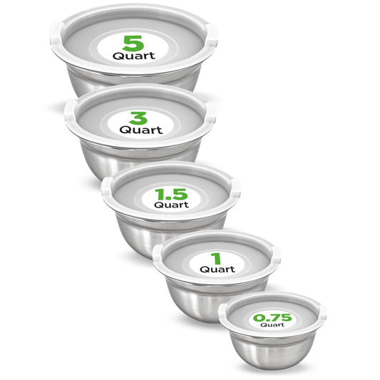 NutriChef 10 Piece Stainless Steel Mixing Bowls with Airtight Lids, Dishwasher Safe, 5 Stackable Nesting Bowls and 5 BPA-Free Lids for Kitchen, Cooking, Food Storage, Meal Prepping, Mixing & Serving