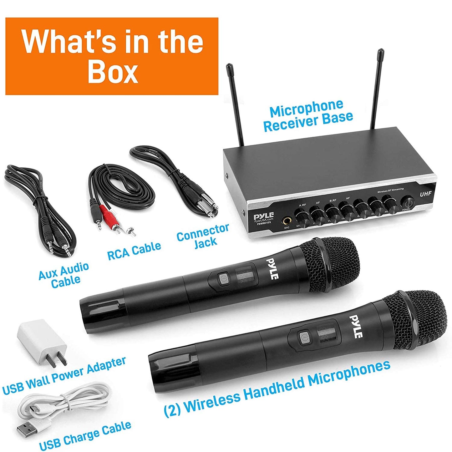 Pyle Portable Uhf Wireless Microphone System - Battery Operated Dual Bluetooth Cordless Microphone Set, Includes 2 Handheld Transmitter mic, Receiver Base, Aux, RCA, for PA Karaoke DJ Party -PDWM2125