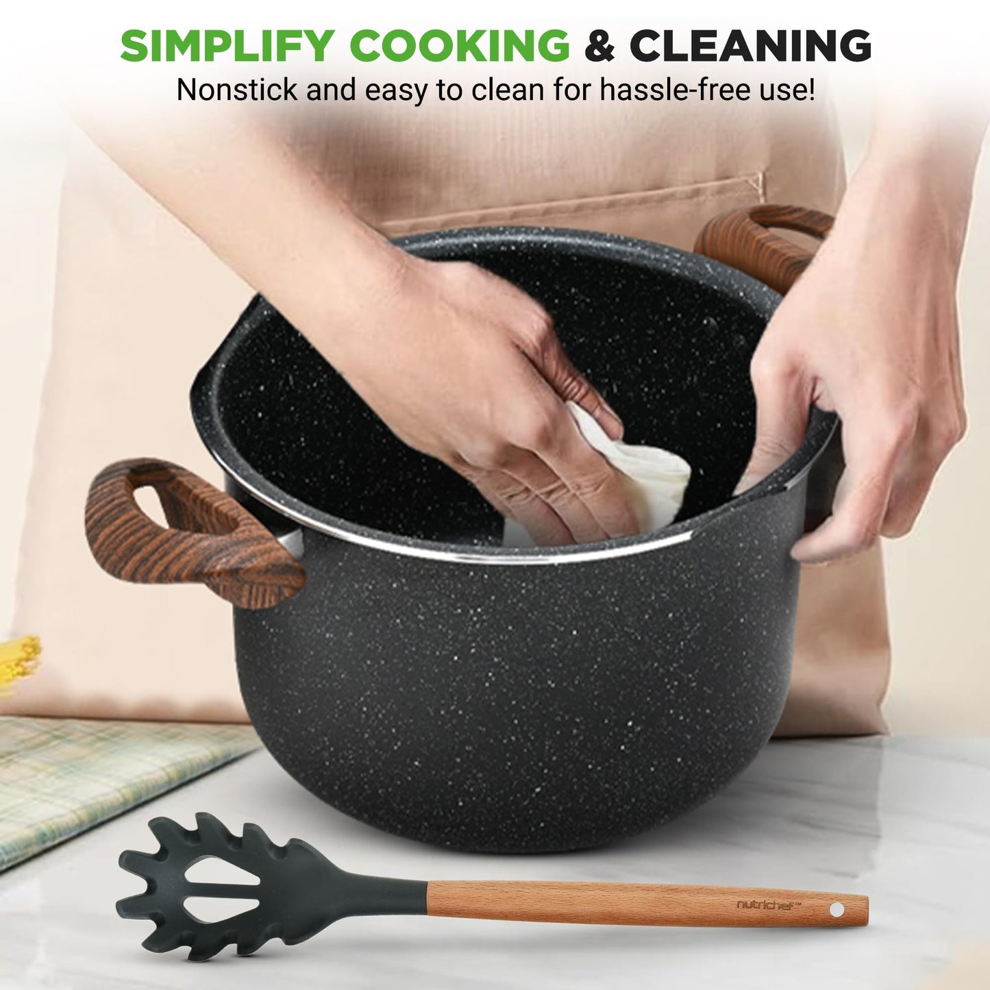 NutriChef 5qt Pasta Pot with Strainer Lid & Pasta Fork | Non-Stick Cooking Pot | Lockable Lid, Heat Resistant Handles | Even Heat Distribution | Easy Clean | Black Marble