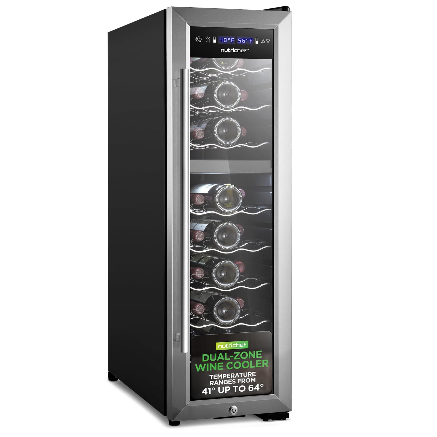 NutriChef PKCWCDS248 24 Bottle Fridge | Dual Zone Chiller | Adjustable Temperature 41°F to 64°F | Ultra Quiet Operation | Wine Cooler for Home, & Office | Free Standing 39x11x23 in (Black)