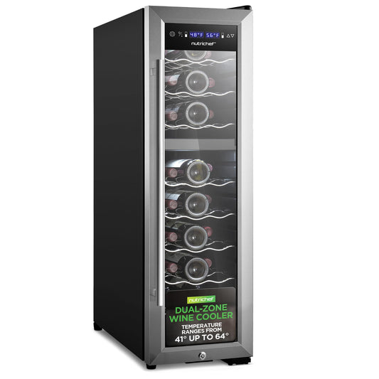 NutriChef PKCWCDS248 24 Bottle Fridge | Dual Zone Chiller | Adjustable Temperature 41°F to 64°F | Ultra Quiet Operation | Wine Cooler for Home, & Office | Free Standing 39x11x23 in (Black)